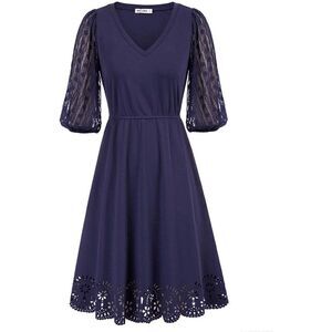 NWT Romantic Elegant Lace Lantern Sleeve A Line Cut Out Swing Skater Navy Dress